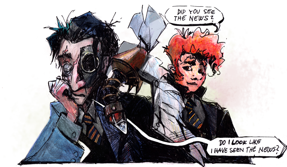 Titular illustration. Steampunk style. Karl Schwarz and Virgil Magpie in the uniforms of the Bureau for Alien Technology Containment (B.A.T.C.). Virgil: Did you see the news? Karl: Do I look like I have seen the news?